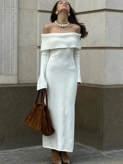 White Autumn Knit Sweater Long Dress Women Ribbed High Waist Fashion Off-Shoulder Loose Party Dress Female Knitwear Dress