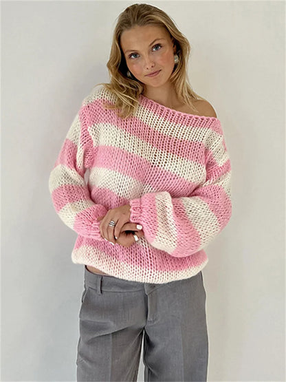 Knit Sweater Pullover Female Striped Hollow Out Loose Contrast Long Sleeve Patchwork Autumn  Knitwear Women&#8217;s Sweater