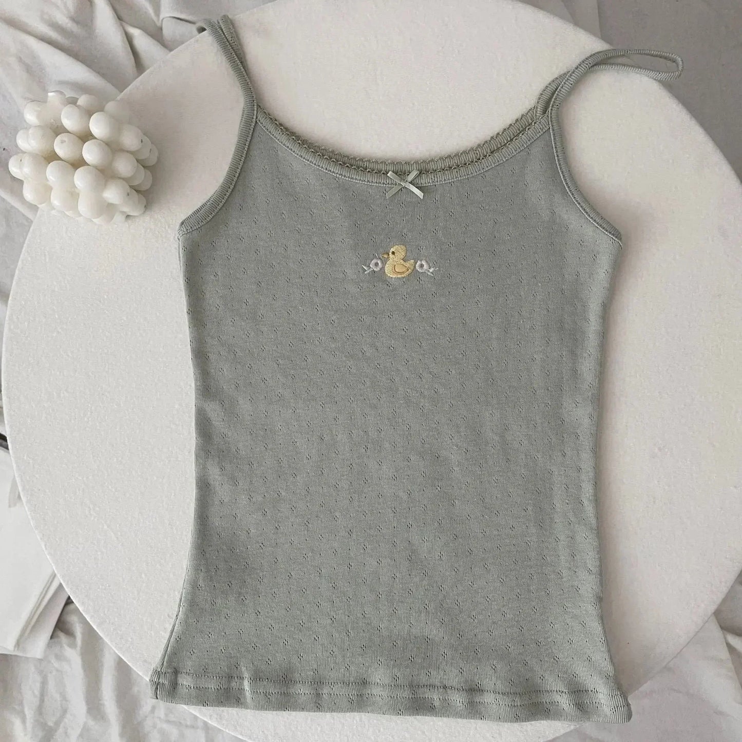 Floral Eyelet Bow Cotton Crop Tops Lace Trim Sleeveless Slim Tank Top Preppy Style Sweet Camisole Y2k Clothes