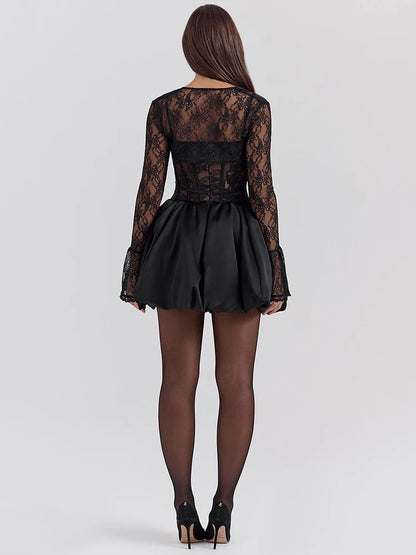 Black Lace Puffball Sexy Mini Dress For Women Fashion Lace-up Sheer Long Flare Sleeve High Waist Club Party Dress
