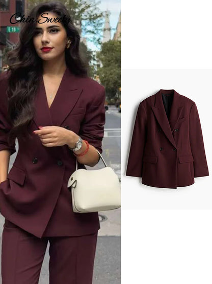 Fashion Burgundy Lapel Blazer Coat Women Elegant Double Breasted Full Sleeve Pocket Jacket  Fall New Female Commute Outwear