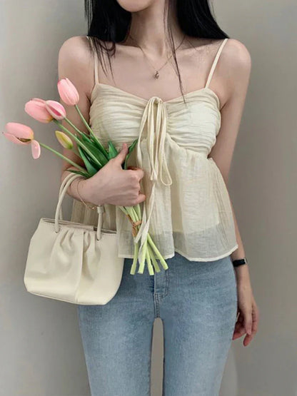 Voguable  Korean Style Sweet Fluffy Camis A-line Lace-up Double Layers Crop Top Y2K Aesthetic Tank Tops Holiday Cute Vest Women