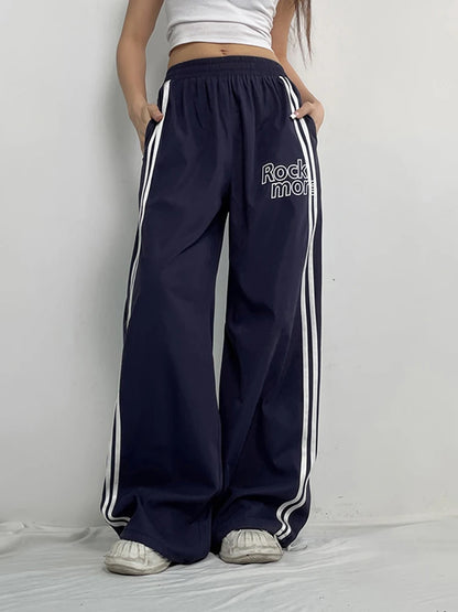 Side Stripe Elastic High Waist Loose Straight Leg Pants Women Letter Print Street Style Hippie Baggy Trousers Preppy Streetwear
