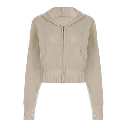 Solid Knitter Women¡¯s Sweater Cardigan Zip Up Hooded Long Sleeve Retro Simple Harajuku Cropped Coat Casual Fashion