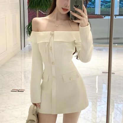 Elegant Tweed Slash Neck Short Dresses for Women Long Sleeve Slim Waist Birthday Party Dress Korean Fashion Vestidos Mujer