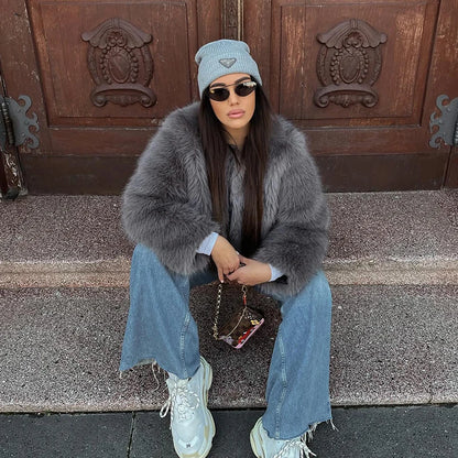 Street Fashion Girls Gray Fluffy Short Faux Fox Fur Jacket Women Winter  Hot Brand Thick Warm Eco Fur Coat Female