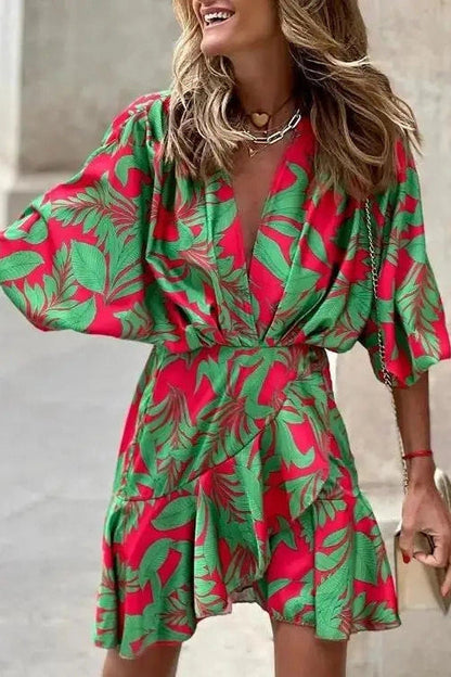 Elegant Irregular Mini Dress with Printed Sleeves