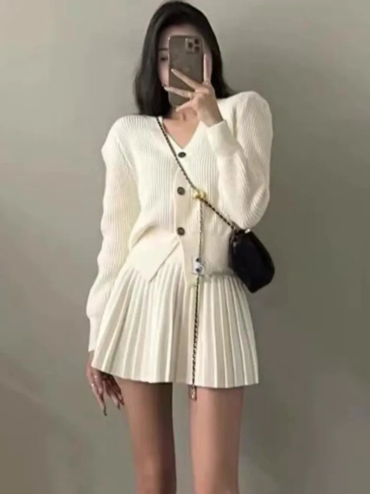 Casual Knitted 2 Piece Set Single Breasted V-neck Top + High Waist Mini Pleated Skirt Autumn Spring Korean Fashion Solid Outfits