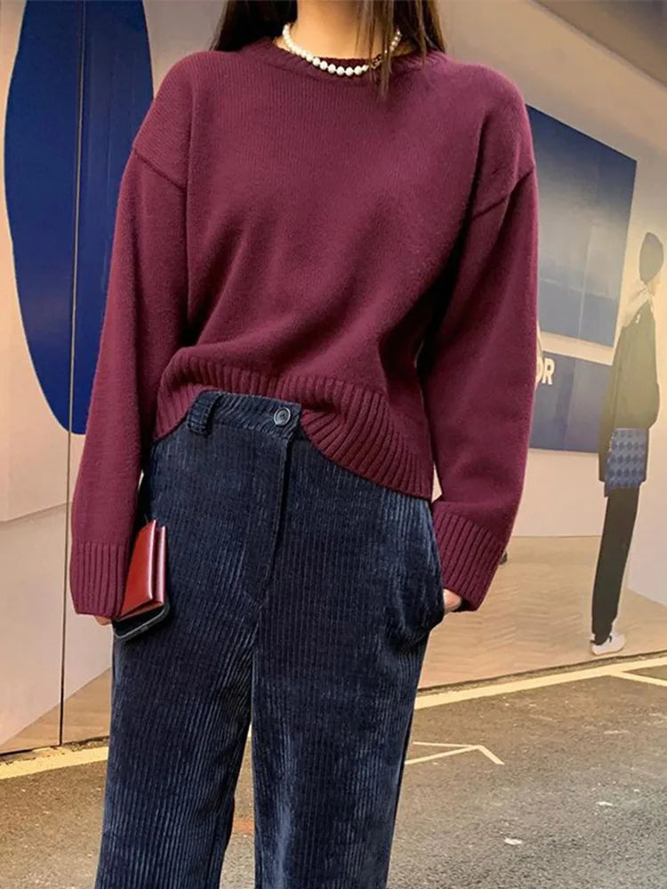 Casual Knitted O-neck Sweaters Women Retro Loose Solid Pullover Sweater Female Autumn Chic Elegant Street All-matching Tops