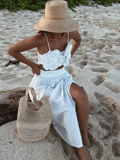 Sexy Chic 3d Floral Croptop Women Backless Sleeveless White Female Slip Vests  Spring Summer New Fashion Street Lady Tops