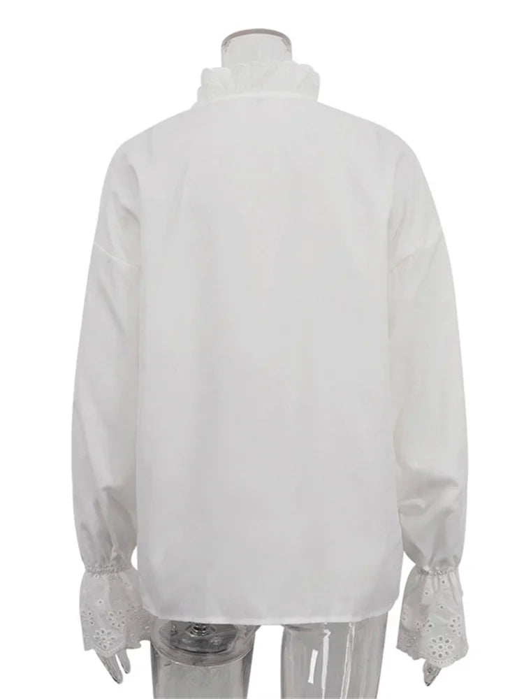 Female Glitter Ruffled Shirts Top Inner Patchwork Long Sleeve Casual Commute Clothes Hollow Out Elegant Women’s Blouses