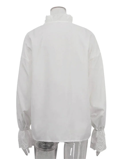 Female Glitter Ruffled Shirts Top Inner Patchwork Long Sleeve Casual Commute Clothes Hollow Out Elegant Women’s Blouses