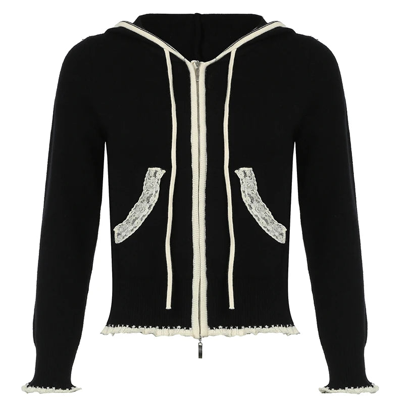 Black Lace Trim Knitted Sweater Cardigan Women Autumn Winter New Coat Sweet Basic All-Match Fashion