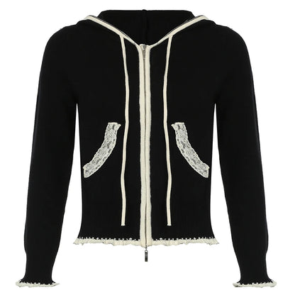 Black Lace Trim Knitted Sweater Cardigan Women Autumn Winter New Coat Sweet Basic All-Match Fashion