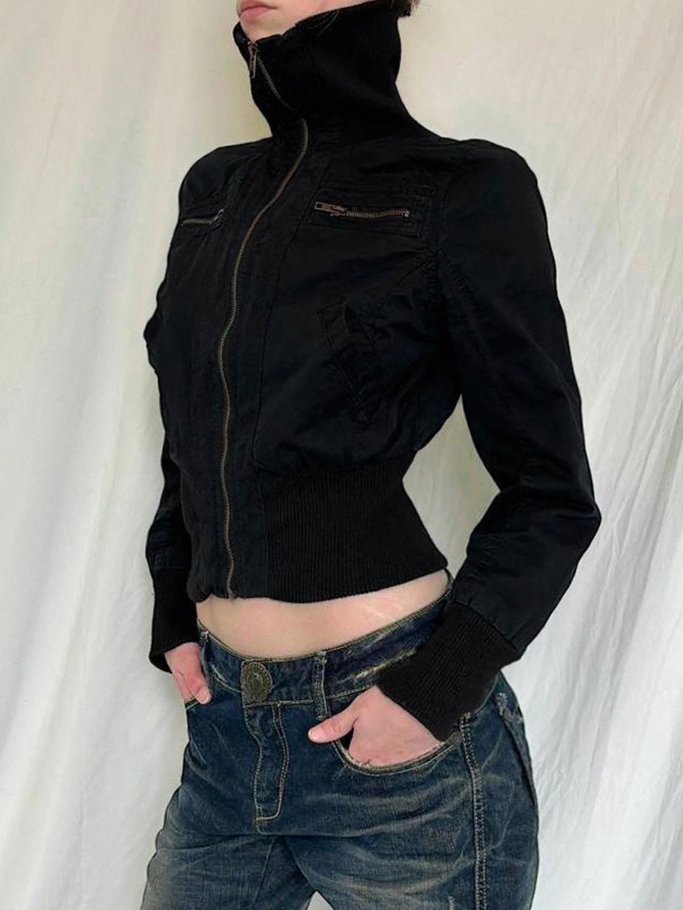 Korean Street Style Black Zip Up Turtleneck Slim Long Sleeve Bomber Jackets For Women  Autumn New Fashion Gothic Outwears