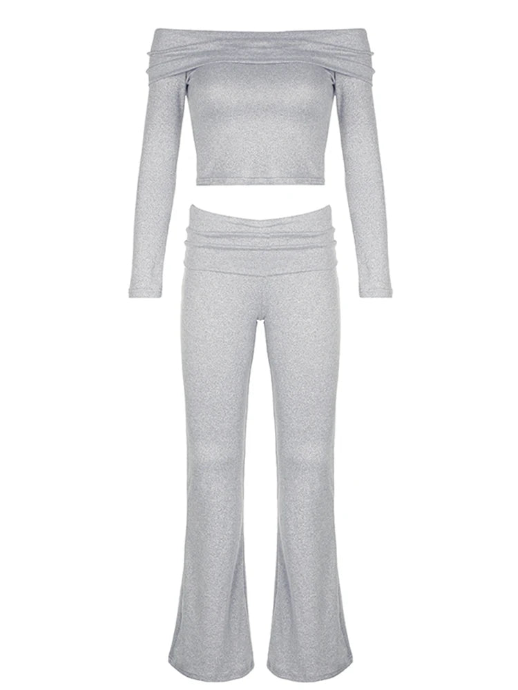 Women Solid Skinny Ruched Off Shoulder Long Sleeve Tee Shirt And Flared Pants 2 Pieces Sets