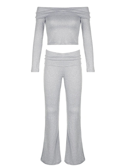 Women Solid Skinny Ruched Off Shoulder Long Sleeve Tee Shirt And Flared Pants 2 Pieces Sets