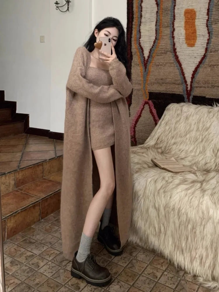Autumn Winter New Knitted 3-piece Skirt Set Women Solid Long Cardigan Strapless Crop Top Mini Skirt Y2K Korean Chic Knitwear New