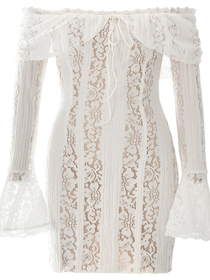 Sexy Lace Patchwork Long Sleeved Tight Mini Skirt Women Bodycon Hollow Lace Up Flared Sleeve Fashion Party Club Dress