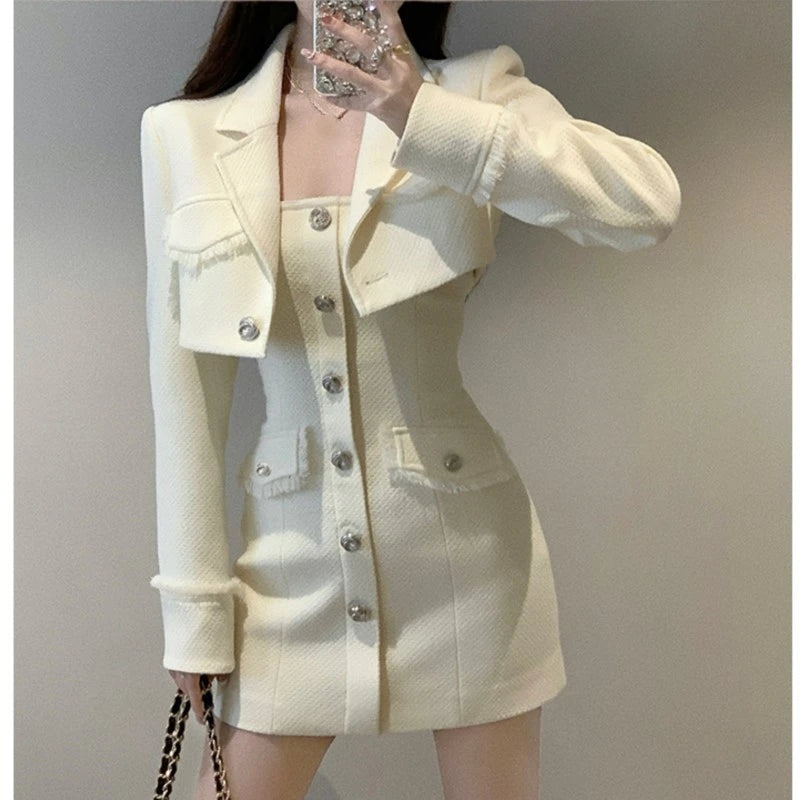Elegant Autumn New Tweed Two-piece Set Women Long Sleeve Short Jacket Strapless Bodycon Mini Dress Korean Fashion Luxury Outfits