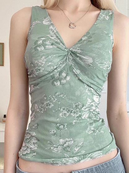 Retro Green Floral Print Mesh Vest Sleeveless Twist V Neck Slim Crop Top For Women Summer Vacation Boho Outfits