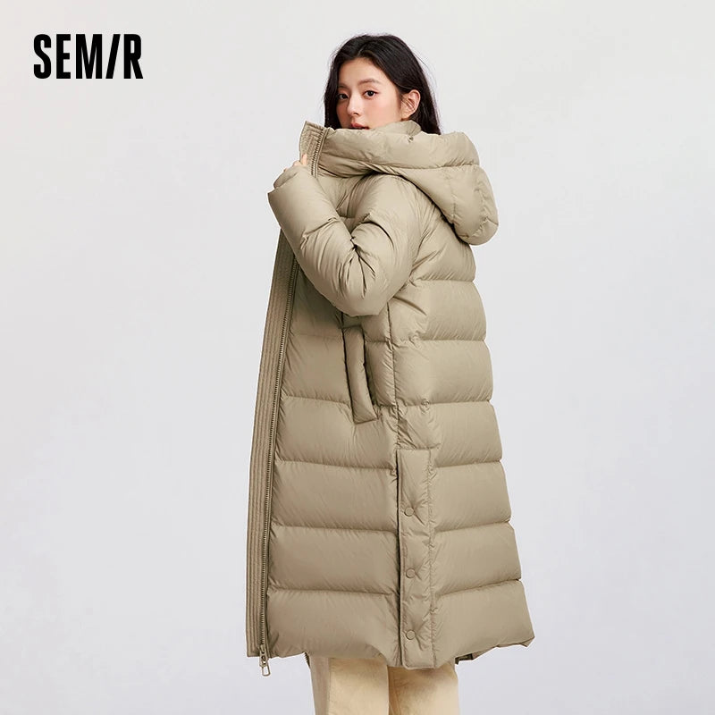Down Jacket Women Long Length Hooded Slit Loose  New Winter Water-Repellent Goose Down Clothing