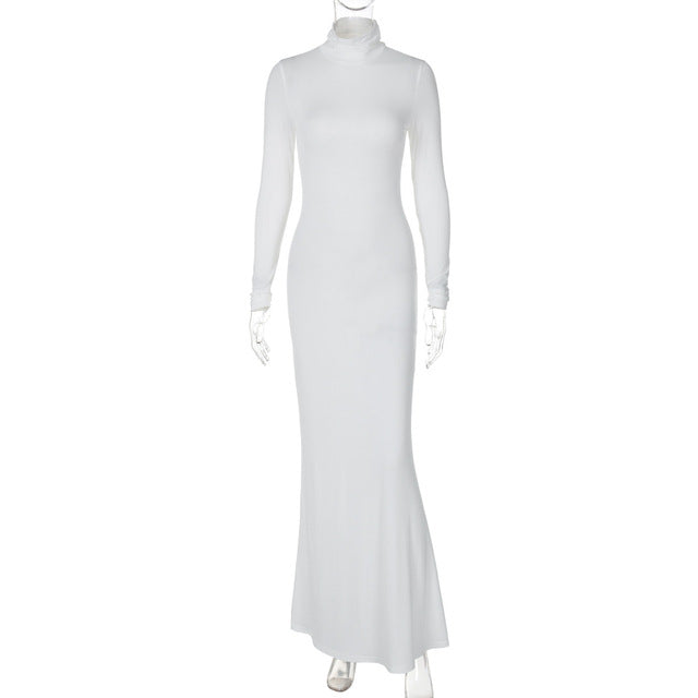 Turtleneck Long Sleeve Maxi Dress Women Gown Autumn Winter New Solid Sexy Long Dress Femme Fashion Floor-length Dress