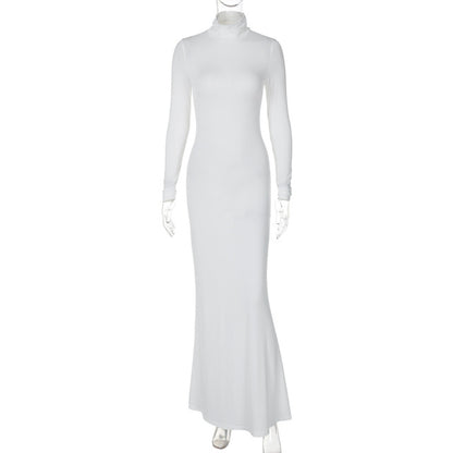 Turtleneck Long Sleeve Maxi Dress Women Gown Autumn Winter New Solid Sexy Long Dress Femme Fashion Floor-length Dress