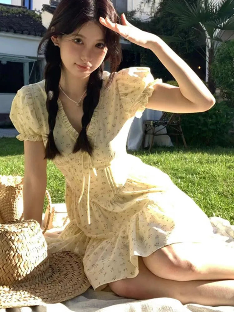 French Floral Printed Short Dresses for Women Y2K V-neck High Waist Birthday Party Dress Korean Chic Prom A-line Summer Vestidos