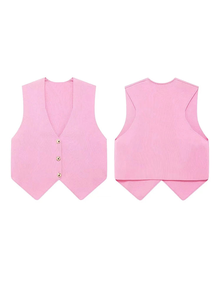Elegant Knit Short Vest for Women V Neck Single Breasted Sleeveless Waistcoat Pink Top Female  New Lady Classic Streetwear