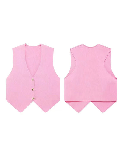 Elegant Knit Short Vest for Women V Neck Single Breasted Sleeveless Waistcoat Pink Top Female  New Lady Classic Streetwear