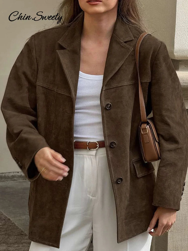Women Suede Jackets Loose Lapel Single Breasted Long Sleeves Pockets Blazer Coats Female  Autumn Fashion New in Outwear