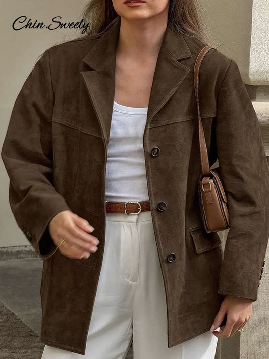 Women Suede Jackets Loose Lapel Single Breasted Long Sleeves Pockets Blazer Coats Female  Autumn Fashion New in Outwear