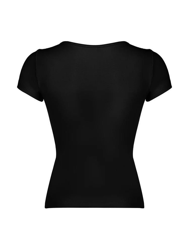 Japanese Kawaii Contrast Lace Tie Bow Square Collar Slim Short Sleeve Black T Shirt Women Pink Sweet Balletcore Cute Tees