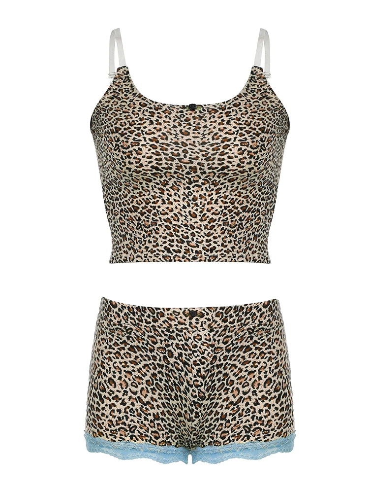 Contrast Lace Trim Leopard Print 2 Pieces Sets Womens Sleeveless Cropped Camisole And Skinny Shorts Rave Baddie Outfits