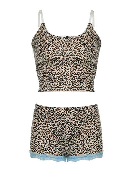 Contrast Lace Trim Leopard Print 2 Pieces Sets Womens Sleeveless Cropped Camisole And Skinny Shorts Rave Baddie Outfits