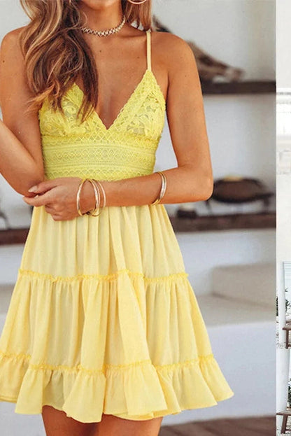 V-Neck Backless Lace-Up Mini Dress with Spaghetti Straps