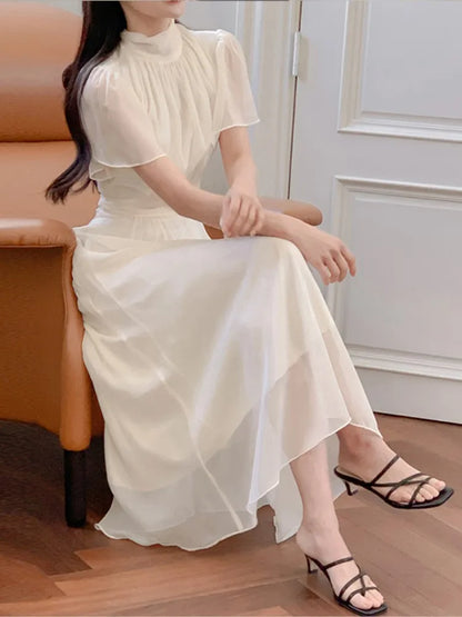 Elegant Solid Midi Dresses for Women Ruffles Half-high Collar A-line Office Lady Casual Korean Fashion Autumn Vestidos Mujer New