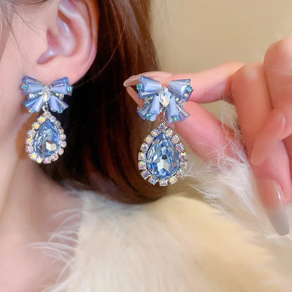 Lizakosht Minar Luxury Blue Crystal Rhinestones Bowknot Water Drop Dangle Earrings for Women Bridal Jewelry