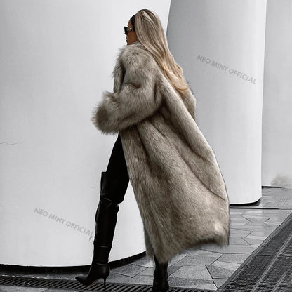 Luxury Mob Wife Aesthetic Long Faux Fur Coat Women Winter  Fluffy Gradient Fox Fur Jacket Female Furry Overcoat