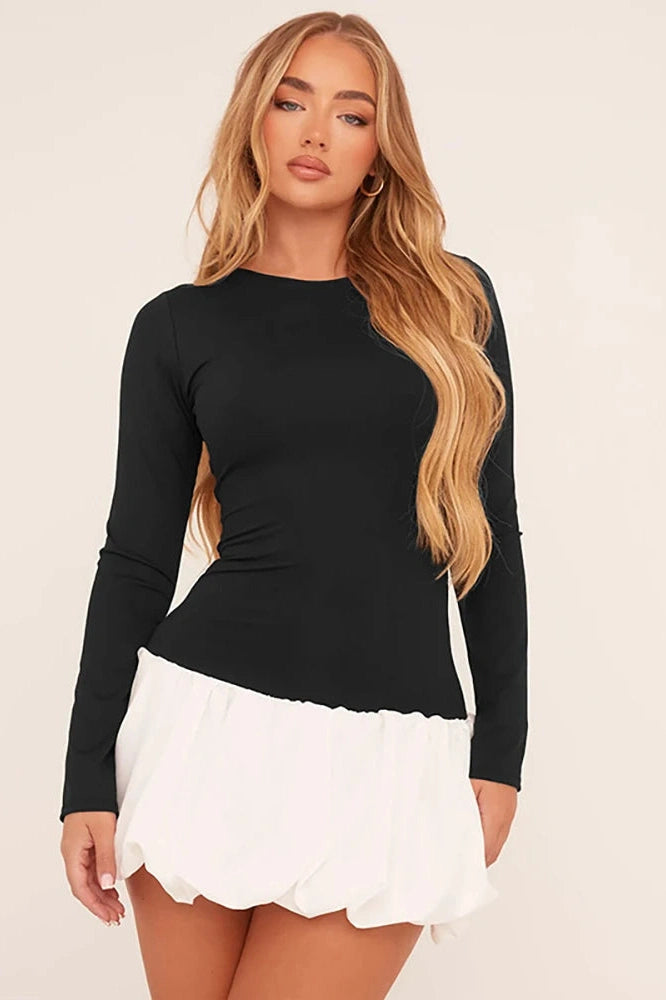Patchwork Mini Dress with Long Slee-Sleeve and High Waist