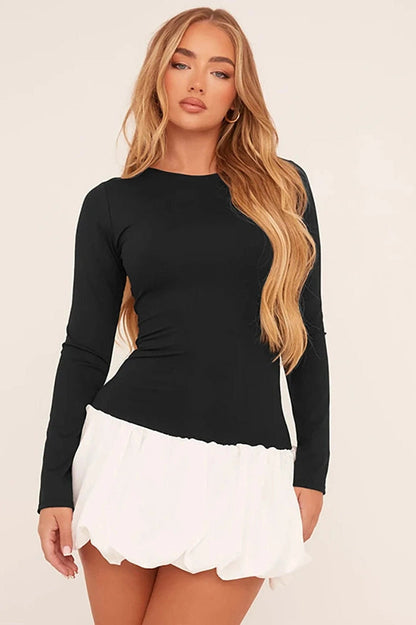 Patchwork Mini Dress with Long Slee-Sleeve and High Waist