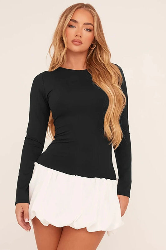Patchwork Mini Dress with Long Slee-Sleeve and High Waist