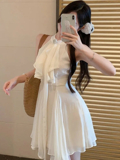 Elegant Halter Ruffles Short Dresses for Women Diamond Sleeveless A-line Sexy Evening Party Dress Prom Korean Chic Vestido Mujer