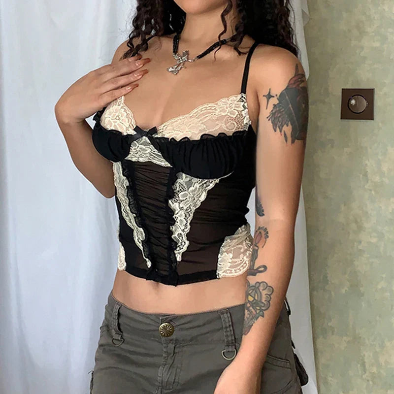 Voguable Coquette Lace Patchwork Corset Backless Criss-cross Bandage Halter Tops Y2K Aesthetic Camis Fairycore Tanks