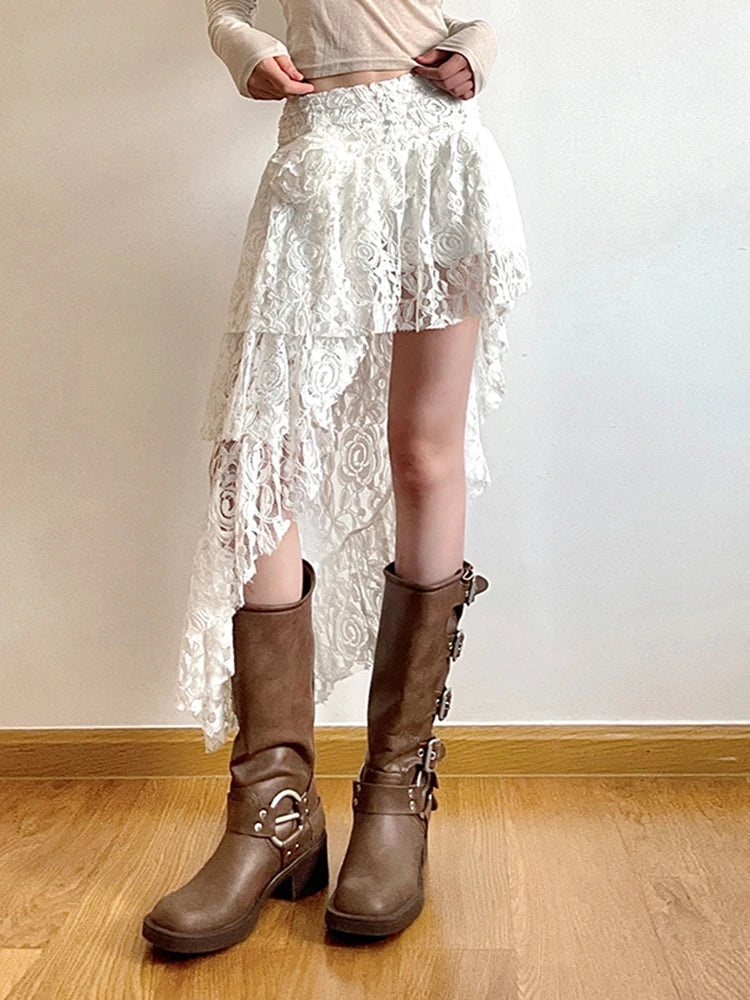 Summer Vacation Asymmetrical Lace Skirt Women Tie Flower Chic Boho Fashion