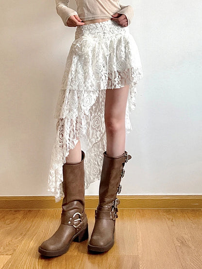 Summer Vacation Asymmetrical Lace Skirt Women Tie Flower Chic Boho Fashion