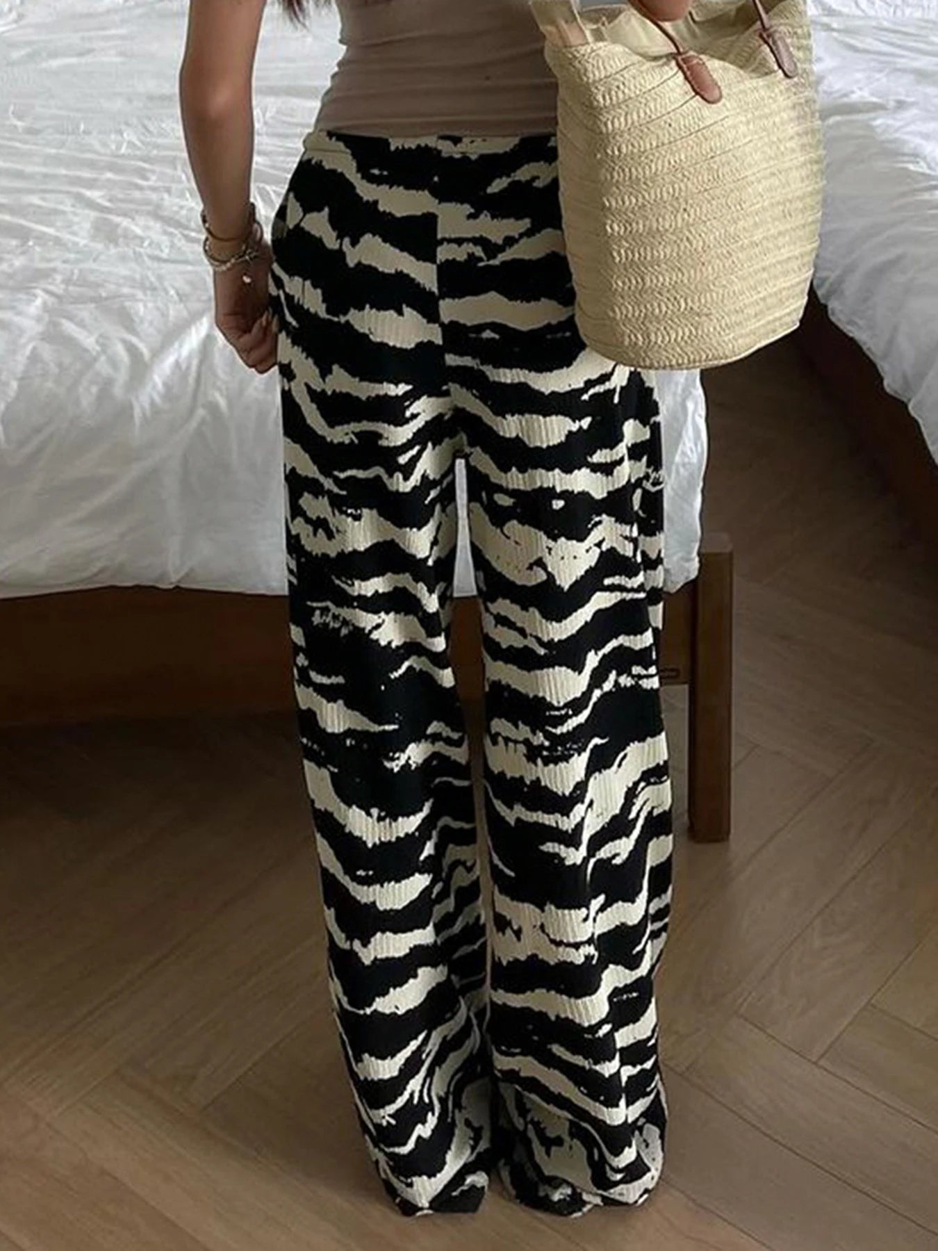 Zebra Stripe Knitted Straight Pants Women Drawstring Elastic Waist Casual Loose Baggy Trousers Boho Vacation Outfits
