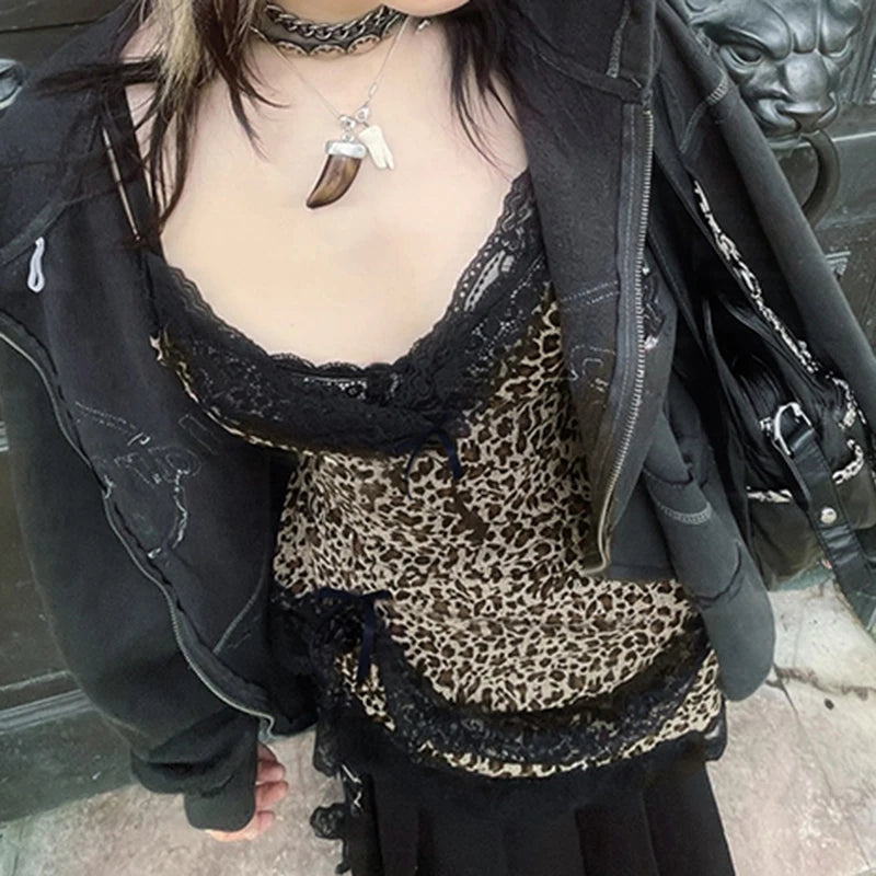 Y2K Streetwear Leopard Lace Patchwork Camis Top Gothic Style V-neck Bow Trim Tank Tops Fashion Aesthetic Vest Girls