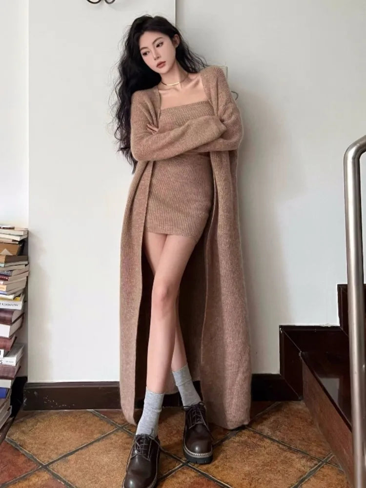 Autumn Winter New Knitted 3-piece Skirt Set Women Solid Long Cardigan Strapless Crop Top Mini Skirt Y2K Korean Chic Knitwear New